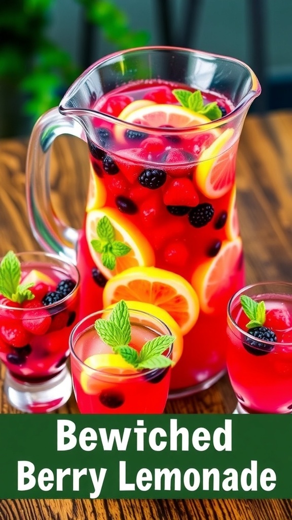 A pitcher of berry lemonade with fresh berries and lemon slices, garnished with mint leaves, surrounded by colorful glasses.